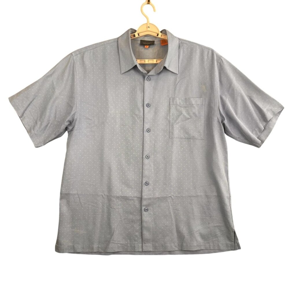 Toscano Shirt Mens XL Blue Geometric 100% Silk Short Sleeve Button Up Casual